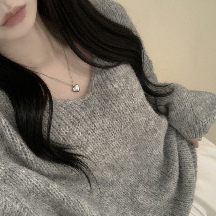 포도색감 오버핏 브이넥 벌룬 아방핏 겨울 봄니트 회색