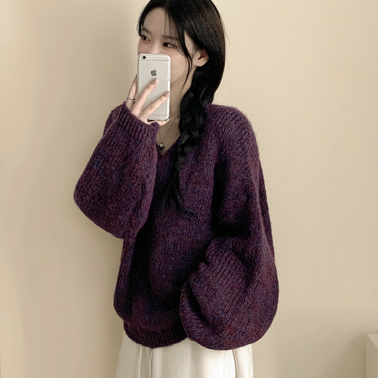 포도색감 오버핏 브이넥 벌룬 아방핏 겨울 봄니트 퍼플