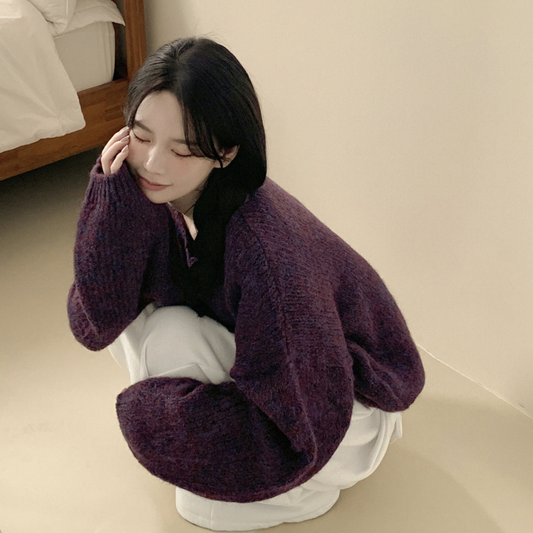 포도색감 오버핏 브이넥 벌룬 아방핏 겨울 봄니트 퍼플