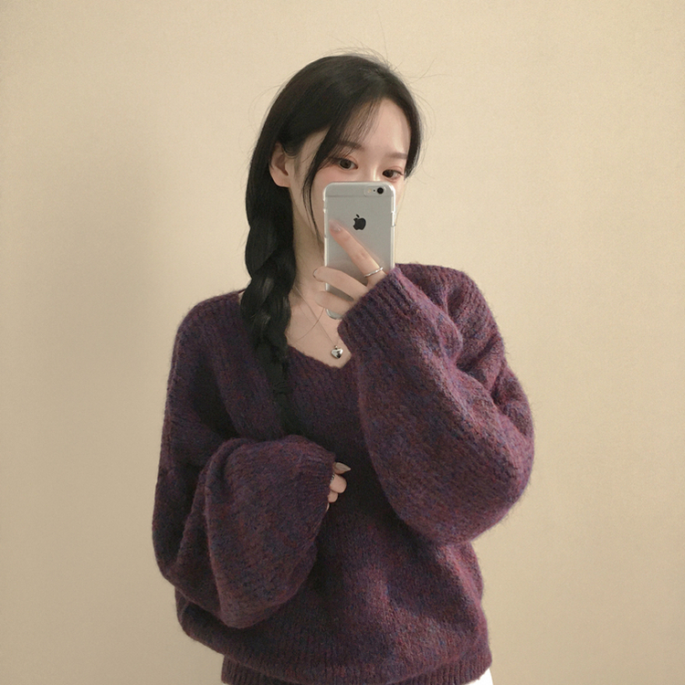 포도색감 오버핏 브이넥 벌룬 아방핏 겨울 봄니트 퍼플