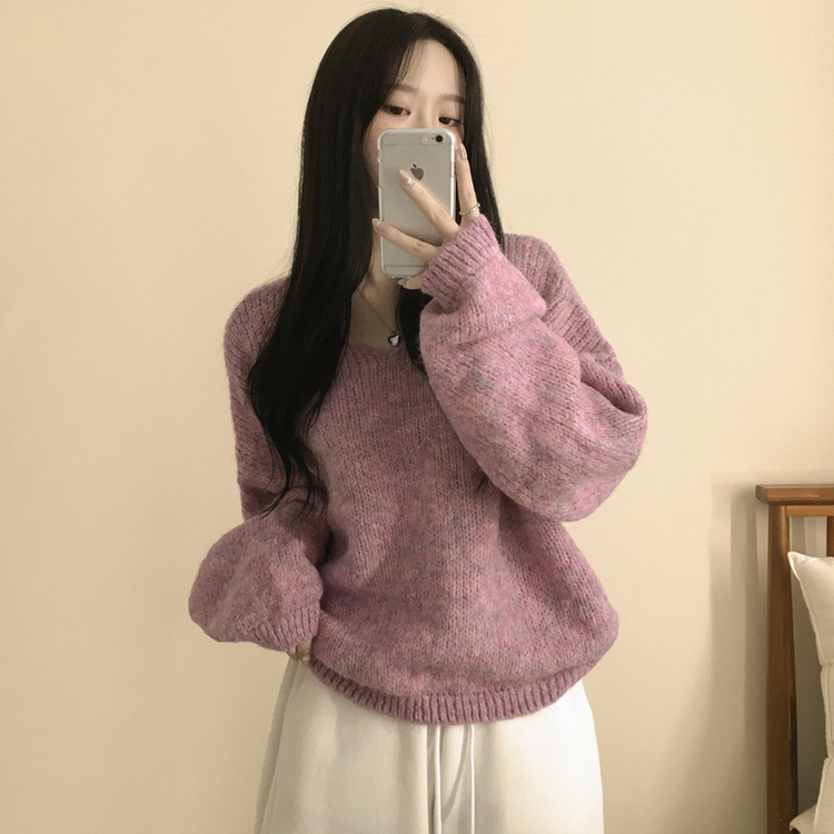 포도색감 오버핏 브이넥 벌룬 아방핏 겨울 봄니트 핑크