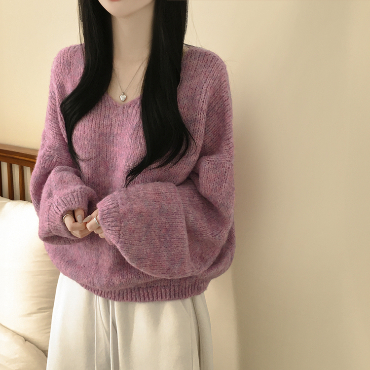 포도색감 오버핏 브이넥 벌룬 아방핏 겨울 봄니트 핑크