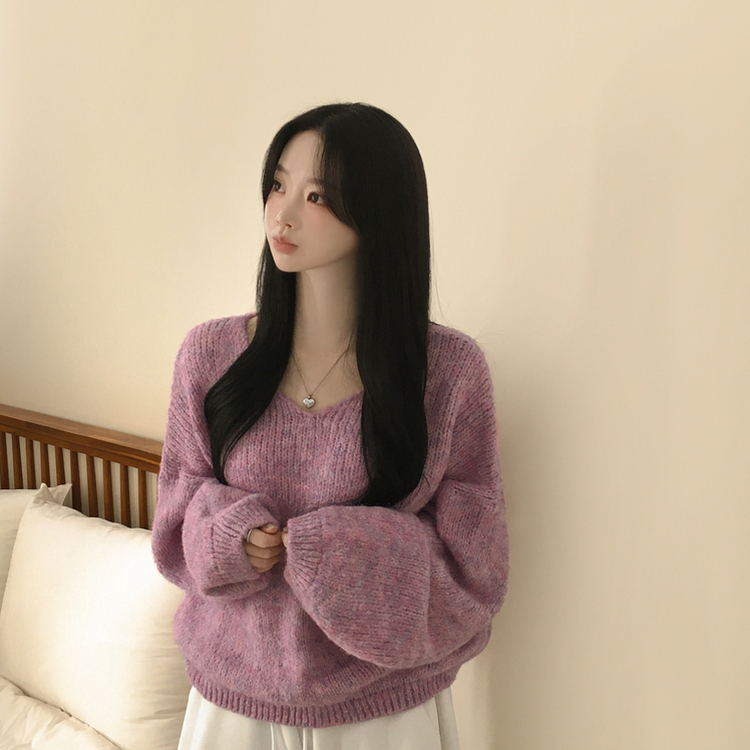 포도색감 오버핏 브이넥 벌룬 아방핏 겨울 봄니트 핑크