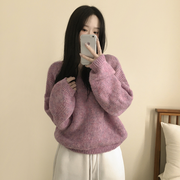 포도색감 오버핏 브이넥 벌룬 아방핏 겨울 봄니트 핑크