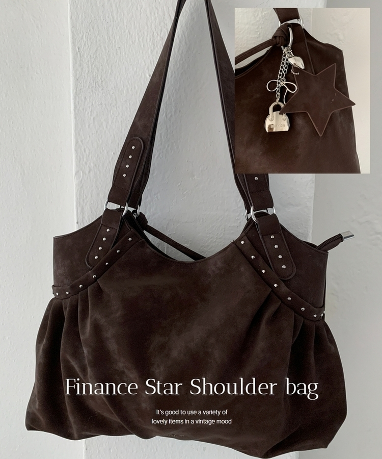 シルバースタッドフェイクレザーショルダーバッグ COFFEE