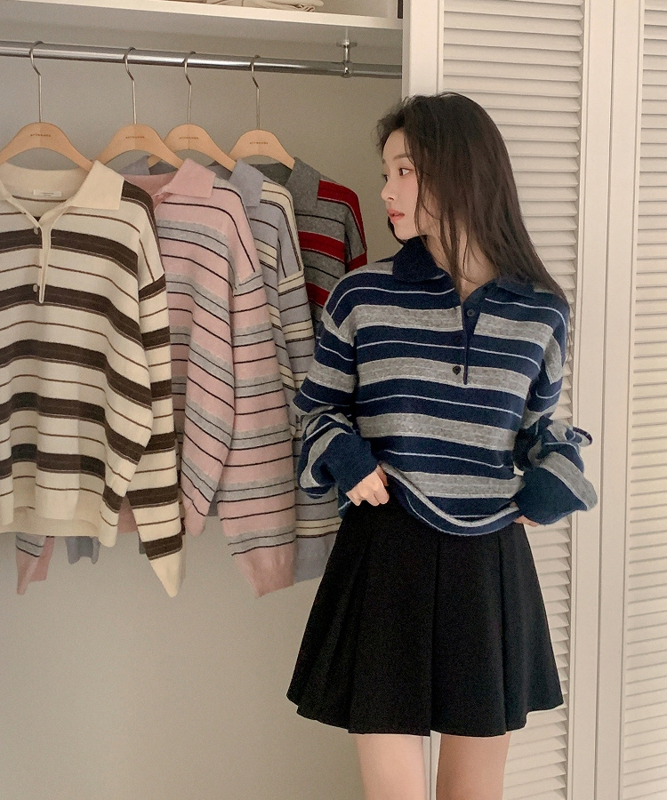 【ウール混】（ラムウール♥／ストライプ／体型カバーシルエット）ラムウールストライプカラールーズフィットニット INDI BLUE