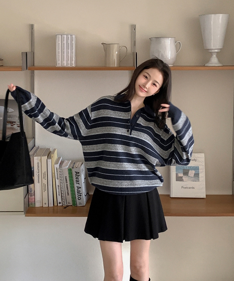 【ウール混】（ラムウール♥／ストライプ／体型カバーシルエット）ラムウールストライプカラールーズフィットニット INDI BLUE