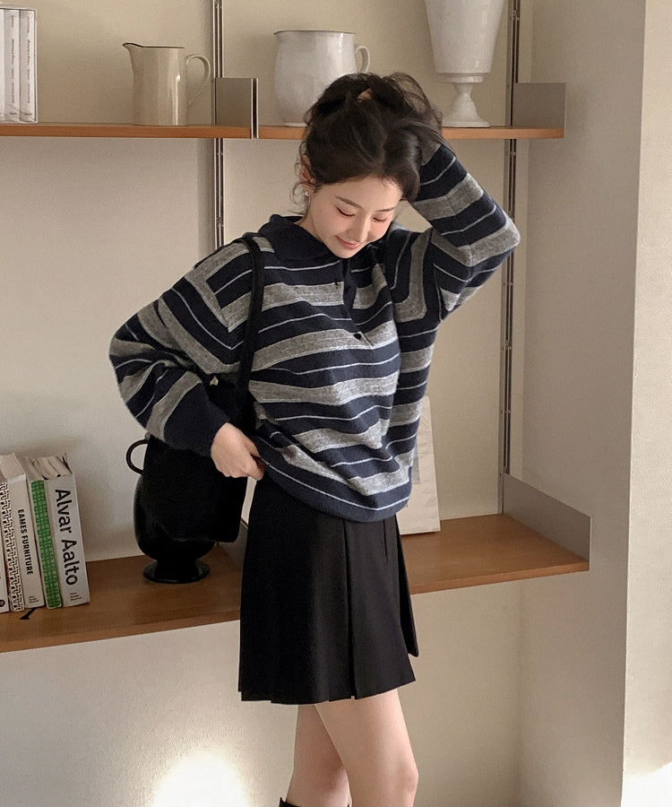 【ウール混】（ラムウール♥／ストライプ／体型カバーシルエット）ラムウールストライプカラールーズフィットニット INDI BLUE