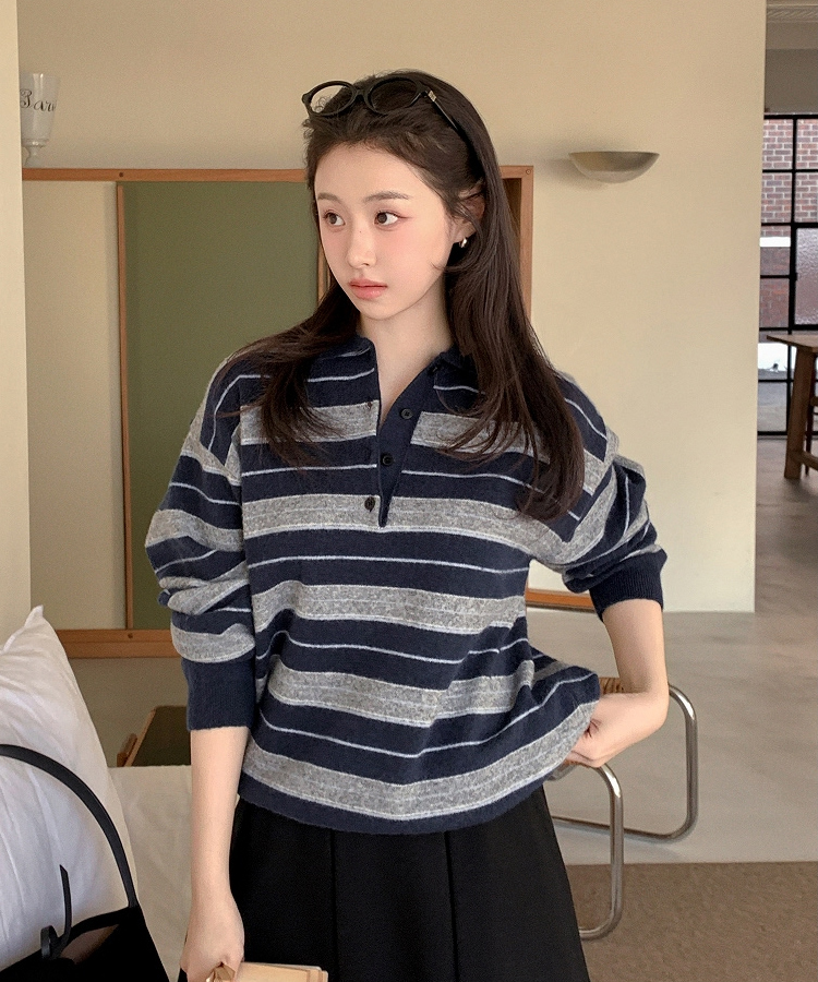 【ウール混】（ラムウール♥／ストライプ／体型カバーシルエット）ラムウールストライプカラールーズフィットニット INDI BLUE