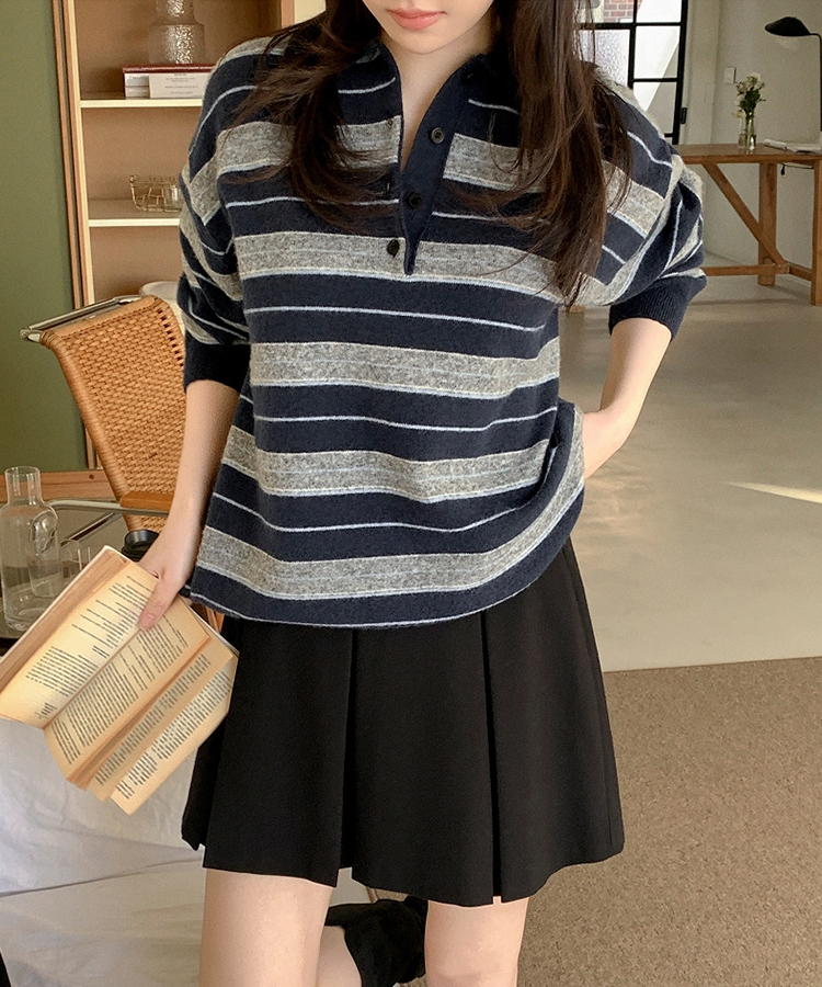 【ウール混】（ラムウール♥／ストライプ／体型カバーシルエット）ラムウールストライプカラールーズフィットニット INDI BLUE