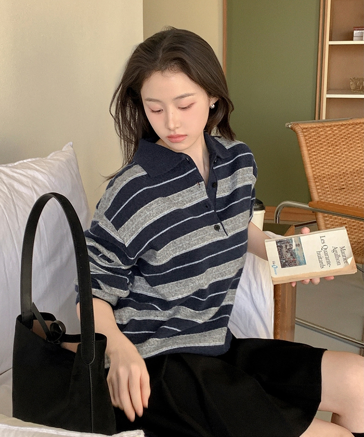 【ウール混】（ラムウール♥／ストライプ／体型カバーシルエット）ラムウールストライプカラールーズフィットニット INDI BLUE