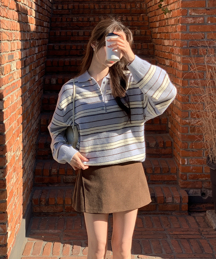 【ウール混】（ラムウール♥／ストライプ／体型カバーシルエット）ラムウールストライプカラールーズフィットニット SKYBLUE