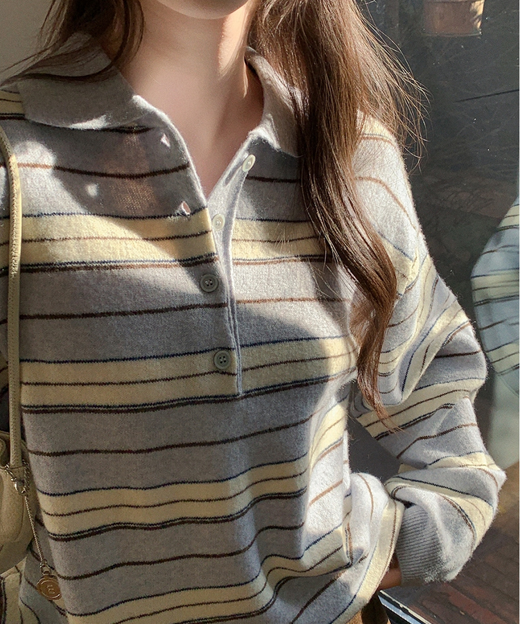 【ウール混】（ラムウール♥／ストライプ／体型カバーシルエット）ラムウールストライプカラールーズフィットニット SKYBLUE