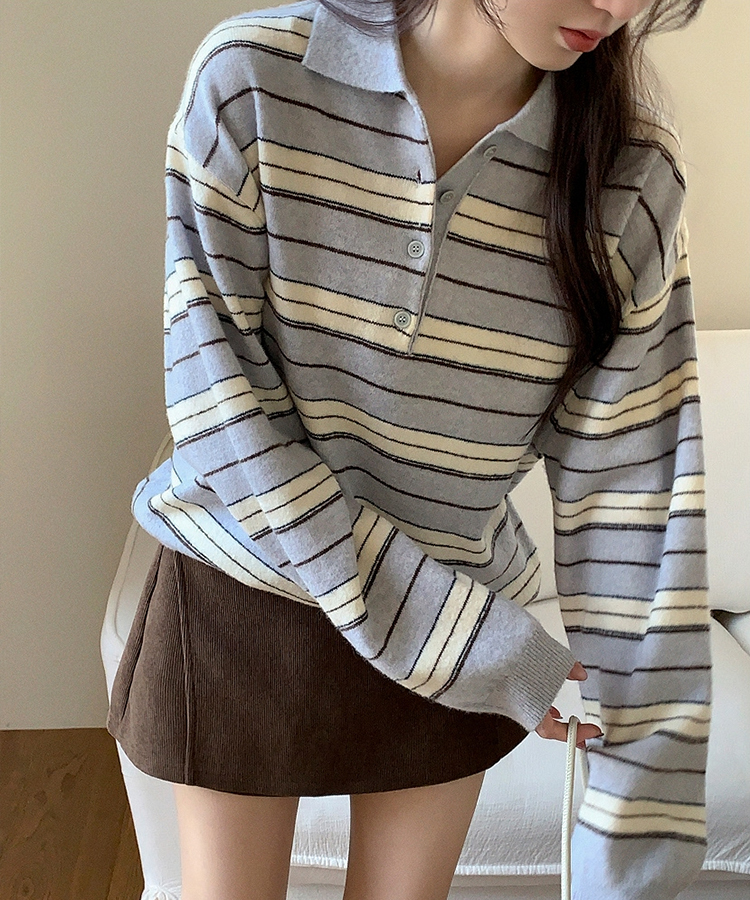 【ウール混】（ラムウール♥／ストライプ／体型カバーシルエット）ラムウールストライプカラールーズフィットニット SKYBLUE