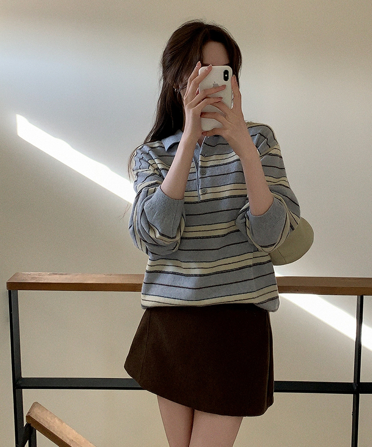 【ウール混】（ラムウール♥／ストライプ／体型カバーシルエット）ラムウールストライプカラールーズフィットニット SKYBLUE