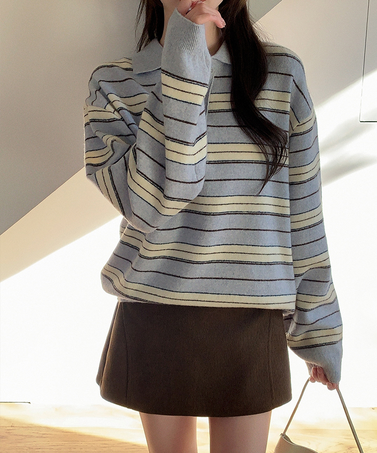 【ウール混】（ラムウール♥／ストライプ／体型カバーシルエット）ラムウールストライプカラールーズフィットニット SKYBLUE
