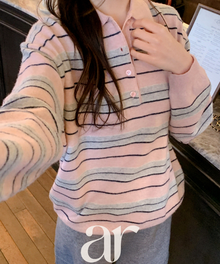 【ウール混】（ラムウール♥／ストライプ／体型カバーシルエット）ラムウールストライプカラールーズフィットニット INDI PINK