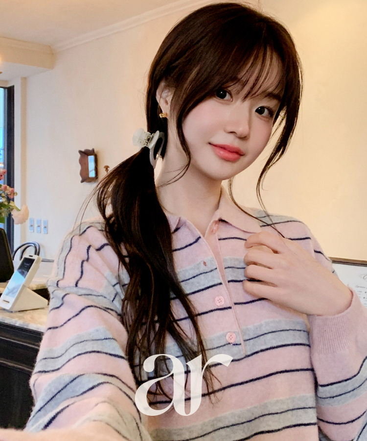 【ウール混】（ラムウール♥／ストライプ／体型カバーシルエット）ラムウールストライプカラールーズフィットニット INDI PINK