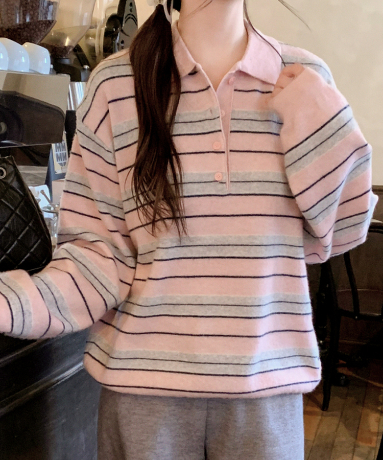 【ウール混】（ラムウール♥／ストライプ／体型カバーシルエット）ラムウールストライプカラールーズフィットニット INDI PINK