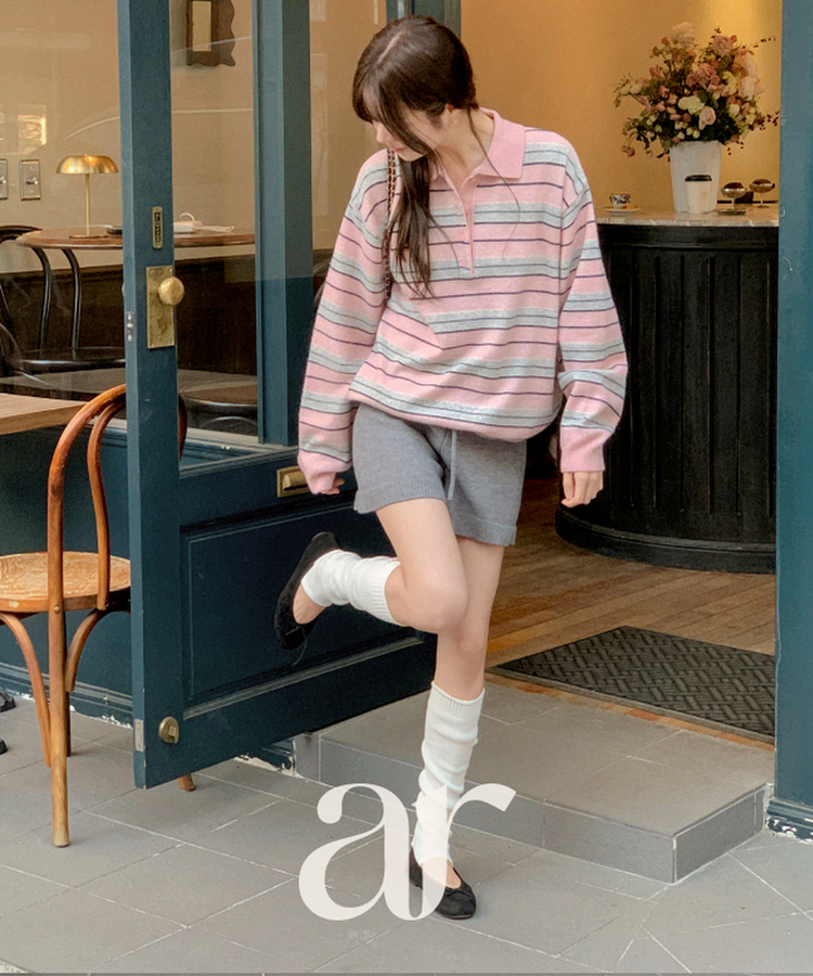 【ウール混】（ラムウール♥／ストライプ／体型カバーシルエット）ラムウールストライプカラールーズフィットニット INDI PINK