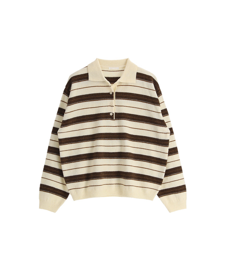 【ウール混】（ラムウール♥／ストライプ／体型カバーシルエット）ラムウールストライプカラールーズフィットニット