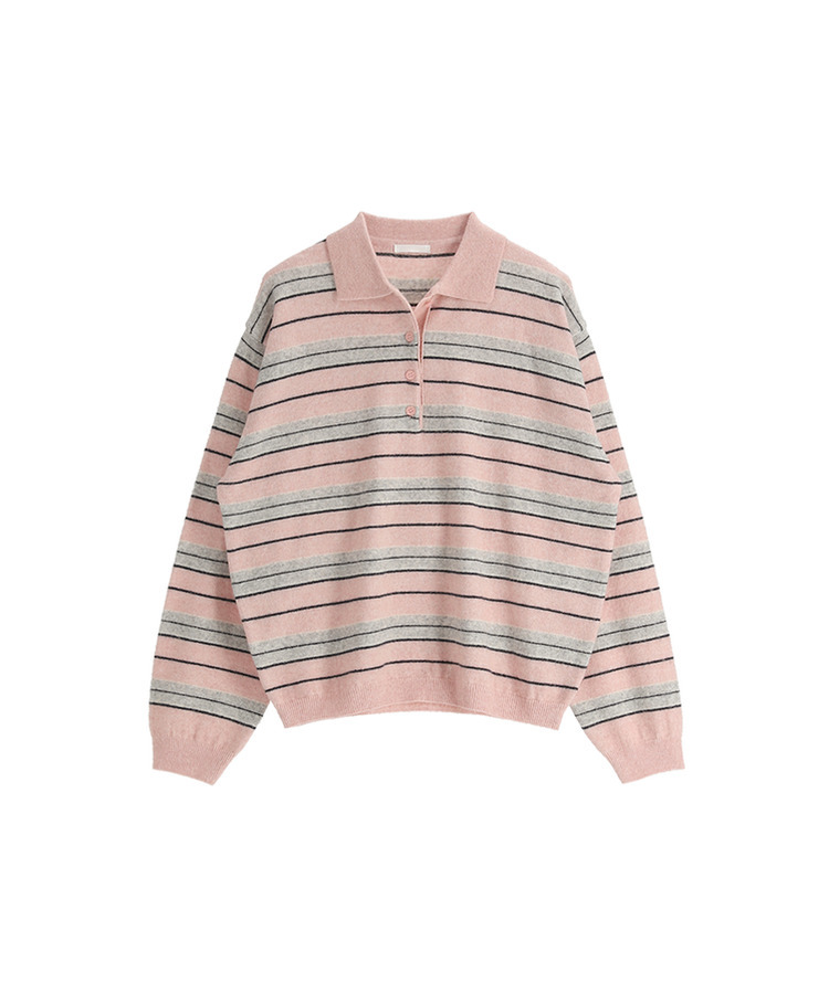 【ウール混】（ラムウール♥／ストライプ／体型カバーシルエット）ラムウールストライプカラールーズフィットニット