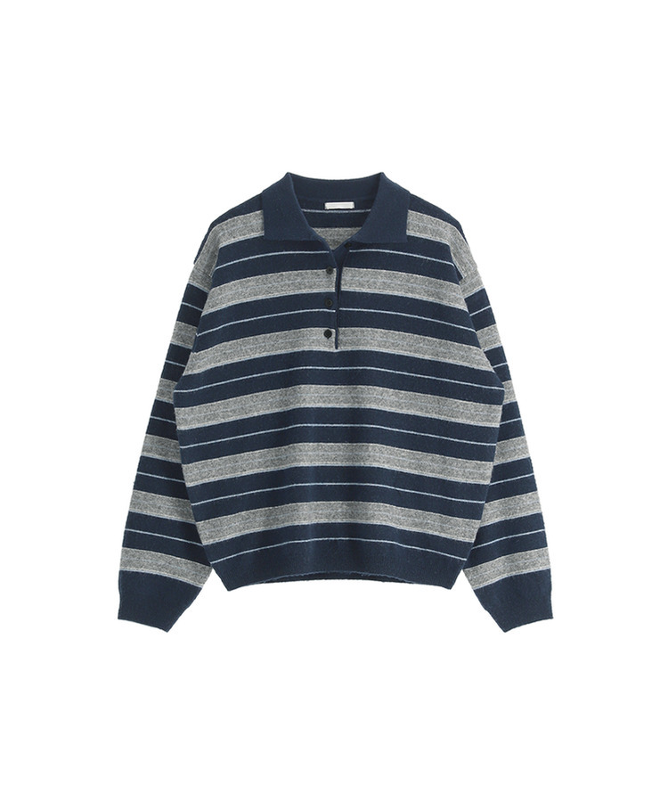 【ウール混】（ラムウール♥／ストライプ／体型カバーシルエット）ラムウールストライプカラールーズフィットニット