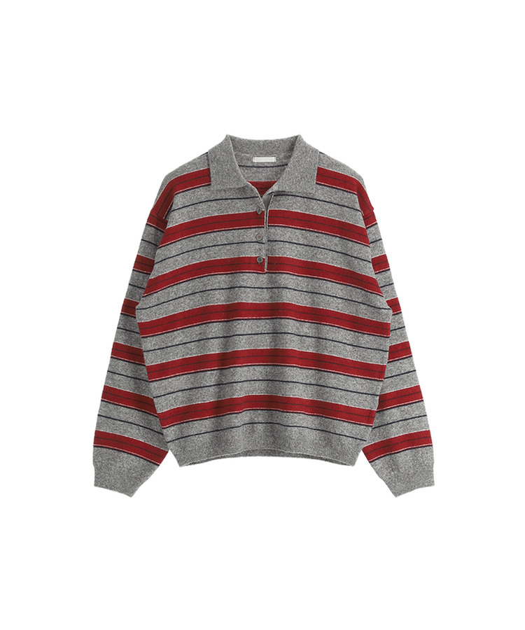 【ウール混】（ラムウール♥／ストライプ／体型カバーシルエット）ラムウールストライプカラールーズフィットニット