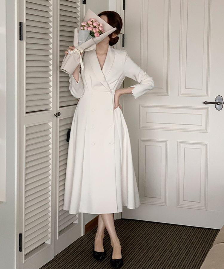 【お呼ばれコーデ／フォーマルスタイル♥】エイリン ショールカラー ロング Aラインワンピース CREAM