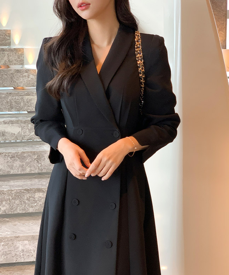 【お呼ばれコーデ／フォーマルスタイル♥】エイリン ショールカラー ロング Aラインワンピース BLACK