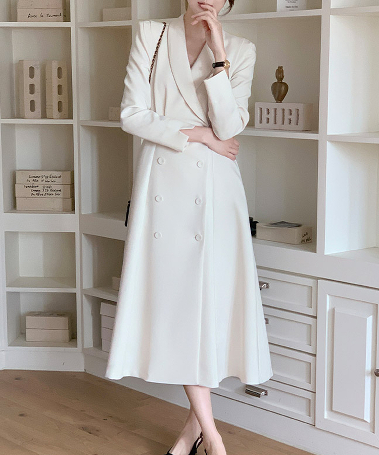 【お呼ばれコーデ／フォーマルスタイル♥】エイリン ショールカラー ロング Aラインワンピース CREAM