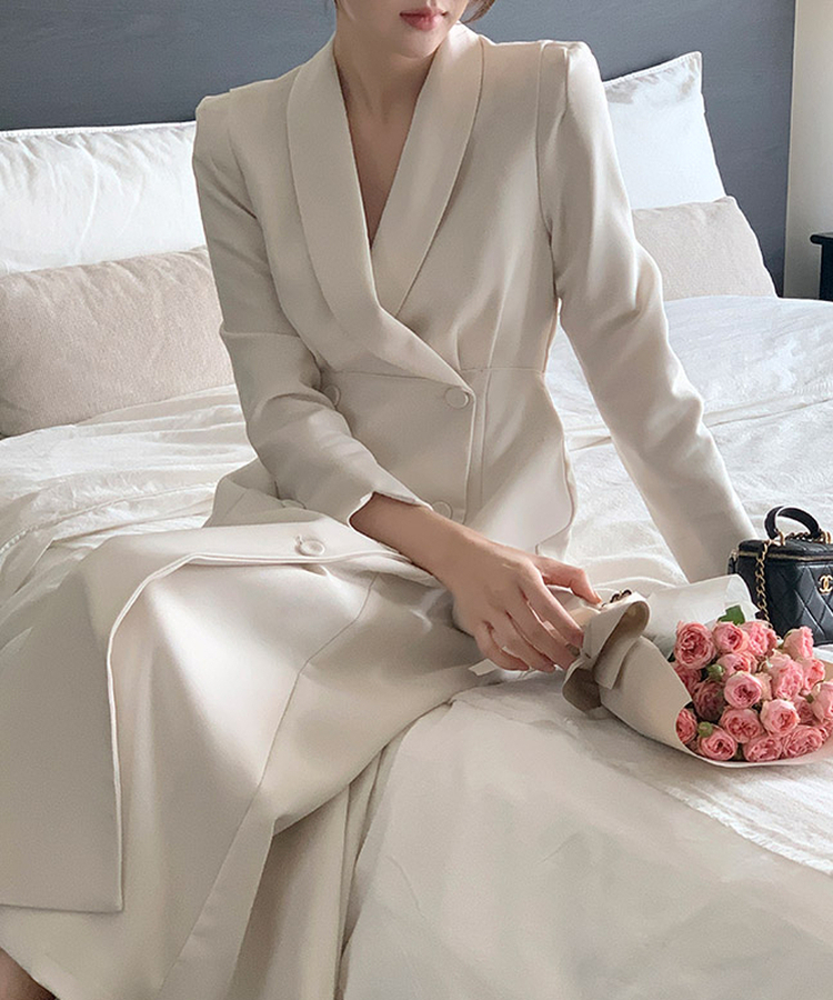 【お呼ばれコーデ／フォーマルスタイル♥】エイリン ショールカラー ロング Aラインワンピース CREAM