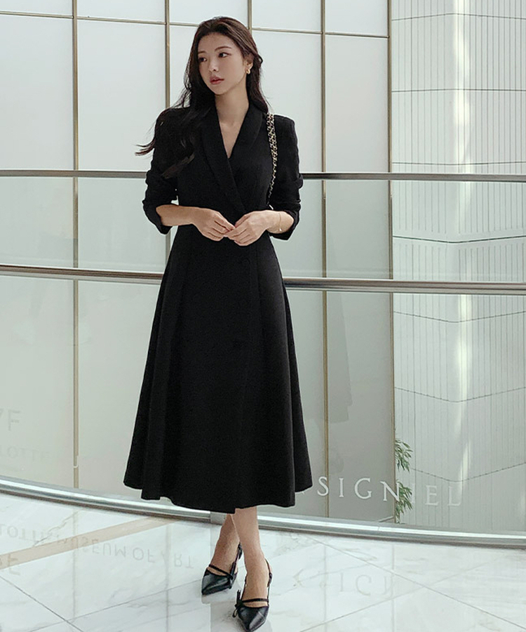 【お呼ばれコーデ／フォーマルスタイル♥】エイリン ショールカラー ロング Aラインワンピース BLACK