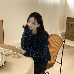 모헤어 배색 스트라이프 단가라 라운드넥 골드 콩단추 아방핏 니트가디건 네이비