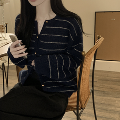 모헤어 배색 스트라이프 단가라 라운드넥 골드 콩단추 아방핏 니트가디건 네이비