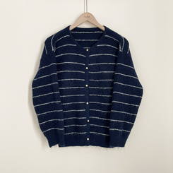 모헤어 배색 스트라이프 단가라 라운드넥 골드 콩단추 아방핏 니트가디건