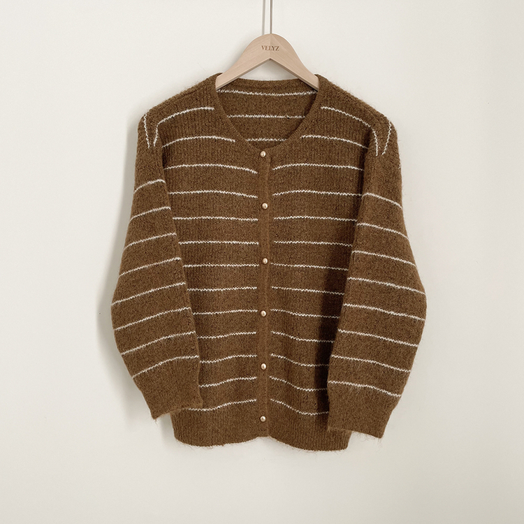 모헤어 배색 스트라이프 단가라 라운드넥 골드 콩단추 아방핏 니트가디건
