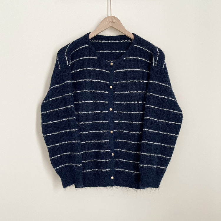 모헤어 배색 스트라이프 단가라 라운드넥 골드 콩단추 아방핏 니트가디건