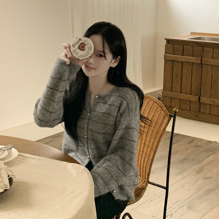 모헤어 배색 스트라이프 단가라 라운드넥 골드 콩단추 아방핏 니트가디건 그레이