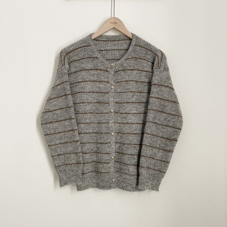 모헤어 배색 스트라이프 단가라 라운드넥 골드 콩단추 아방핏 니트가디건