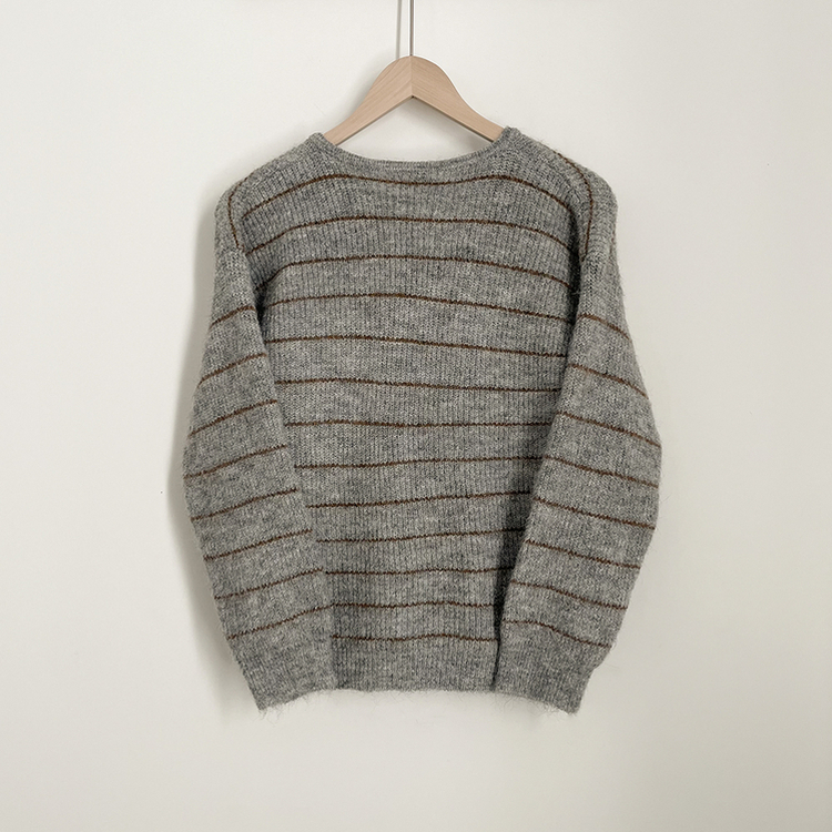 모헤어 배색 스트라이프 단가라 라운드넥 골드 콩단추 아방핏 니트가디건