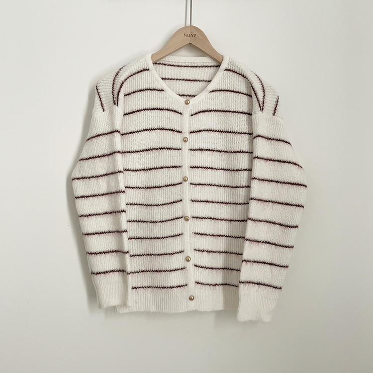 모헤어 배색 스트라이프 단가라 라운드넥 골드 콩단추 아방핏 니트가디건