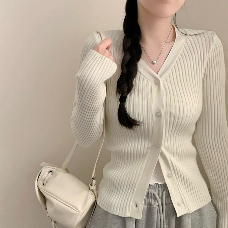 세라 골지 브이넥 긴팔 니트 가디건 봄 봄옷 슬림핏 타이트 아이보리