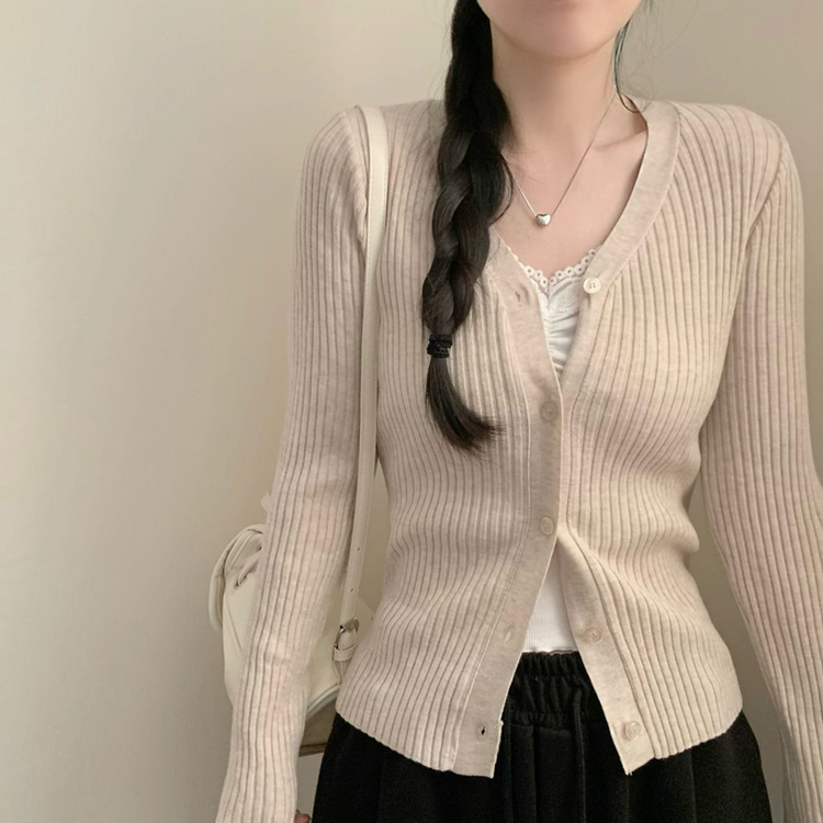 세라 골지 브이넥 긴팔 니트 가디건 봄 봄옷 슬림핏 타이트 베이지