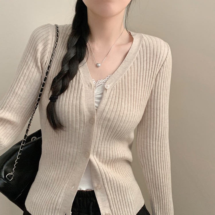 세라 골지 브이넥 긴팔 니트 가디건 봄 봄옷 슬림핏 타이트 베이지