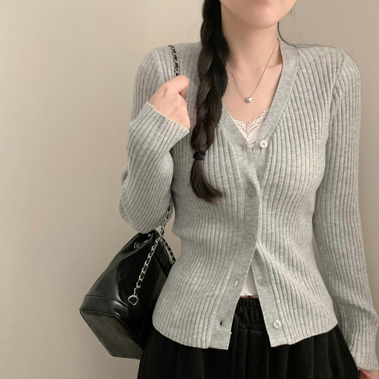 세라 골지 브이넥 긴팔 니트 가디건 봄 봄옷 슬림핏 타이트 그레이