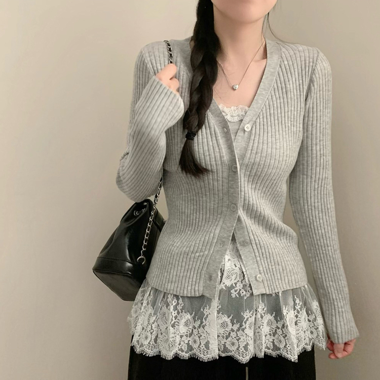 세라 골지 브이넥 긴팔 니트 가디건 봄 봄옷 슬림핏 타이트 그레이