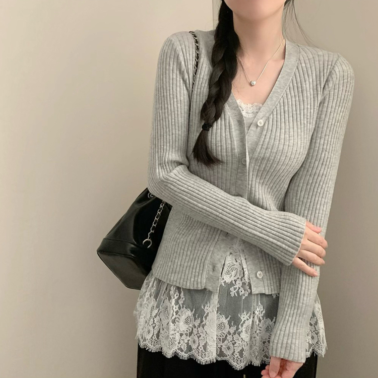 세라 골지 브이넥 긴팔 니트 가디건 봄 봄옷 슬림핏 타이트 그레이