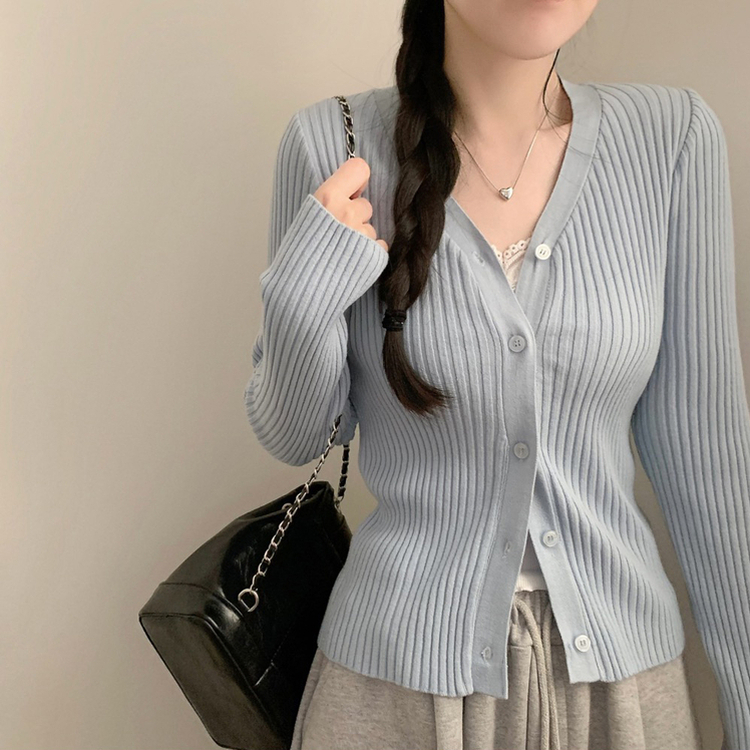 세라 골지 브이넥 긴팔 니트 가디건 봄 봄옷 슬림핏 타이트 소라