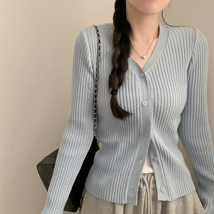 세라 골지 브이넥 긴팔 니트 가디건 봄 봄옷 슬림핏 타이트 소라